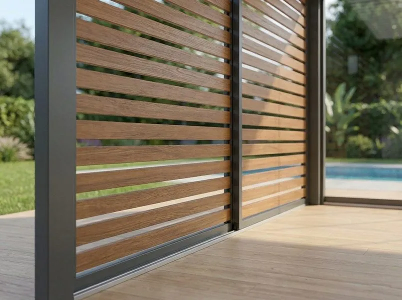 Laterales de lamas efecto madera en una pérgola